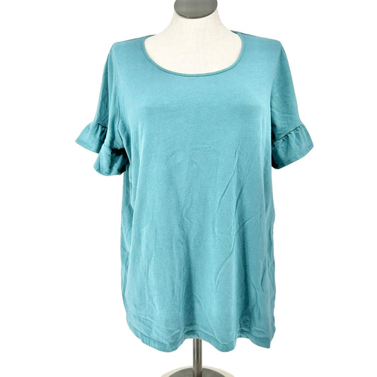 Woman Within Top Womens Size L 18/20 Teal Ruffle Short Sleeve Cotton Poly Blend