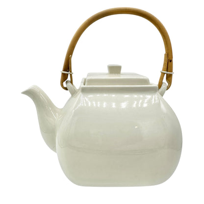 Pottery Barn Asian Square Teapot White Ceramic w Bamboo Handle Made In Japan
