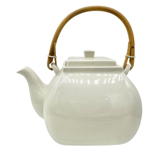 Pottery Barn Asian Square Teapot White Ceramic w Bamboo Handle Made In Japan