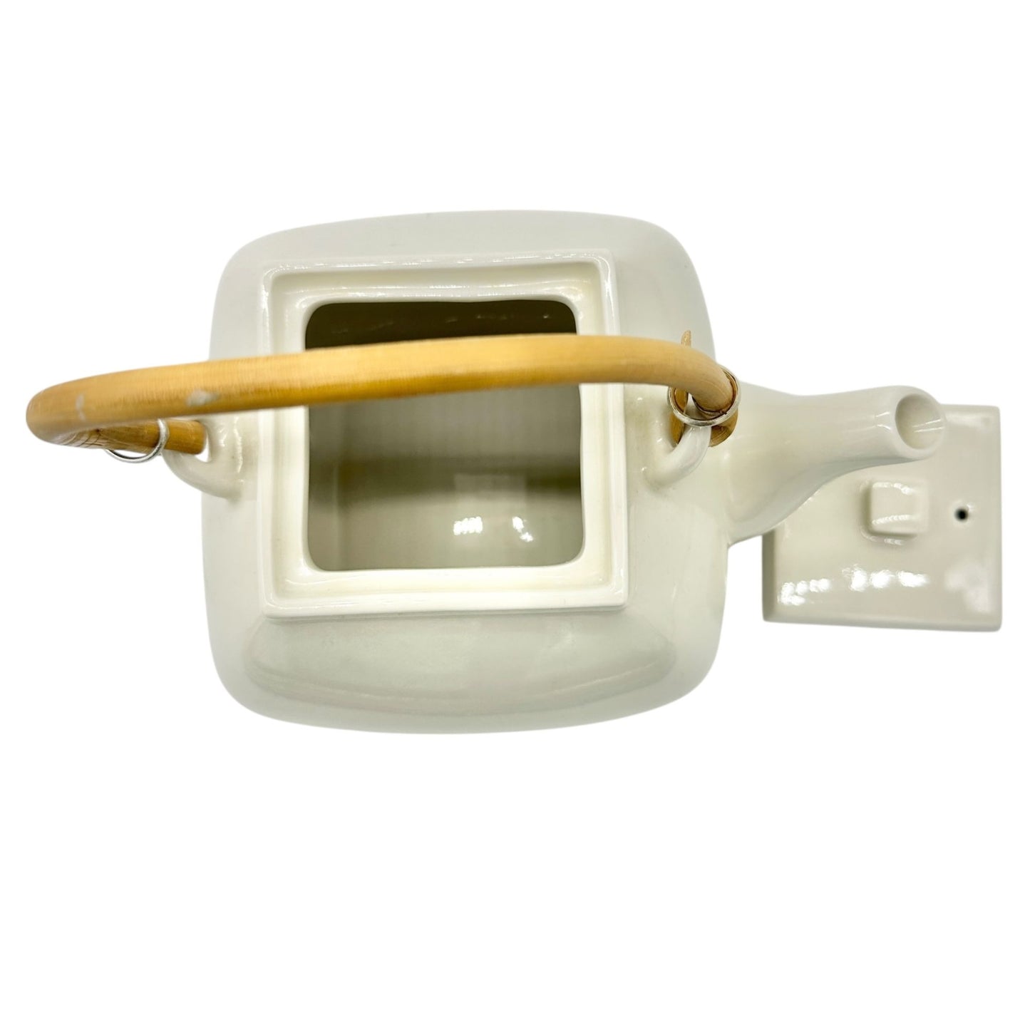 Pottery Barn Asian Square Teapot White Ceramic w Bamboo Handle Made In Japan