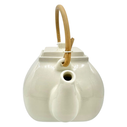 Pottery Barn Asian Square Teapot White Ceramic w Bamboo Handle Made In Japan