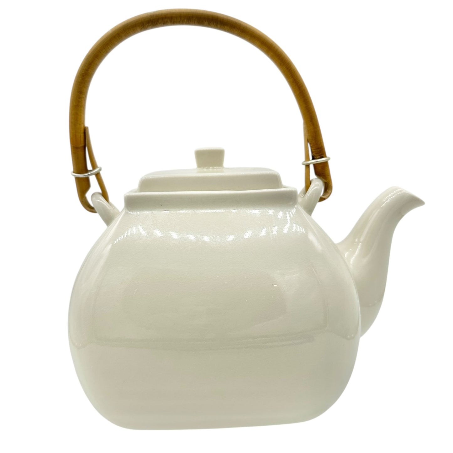 Pottery Barn Asian Square Teapot White Ceramic w Bamboo Handle Made In Japan