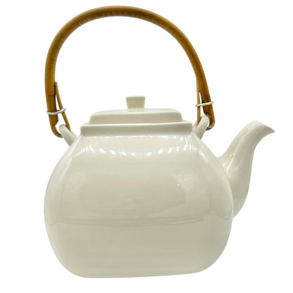 Pottery Barn Asian Square Teapot White Ceramic w Bamboo Handle Made In Japan