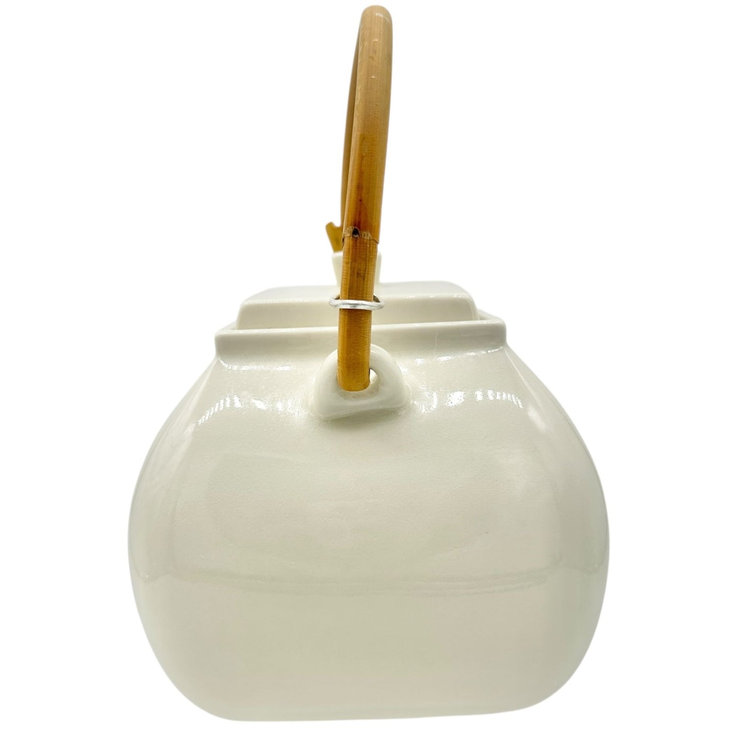 Pottery Barn Asian Square Teapot White Ceramic w Bamboo Handle Made In Japan