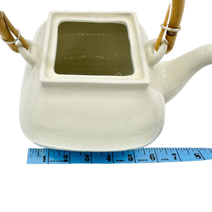 Pottery Barn Asian Square Teapot White Ceramic w Bamboo Handle Made In Japan