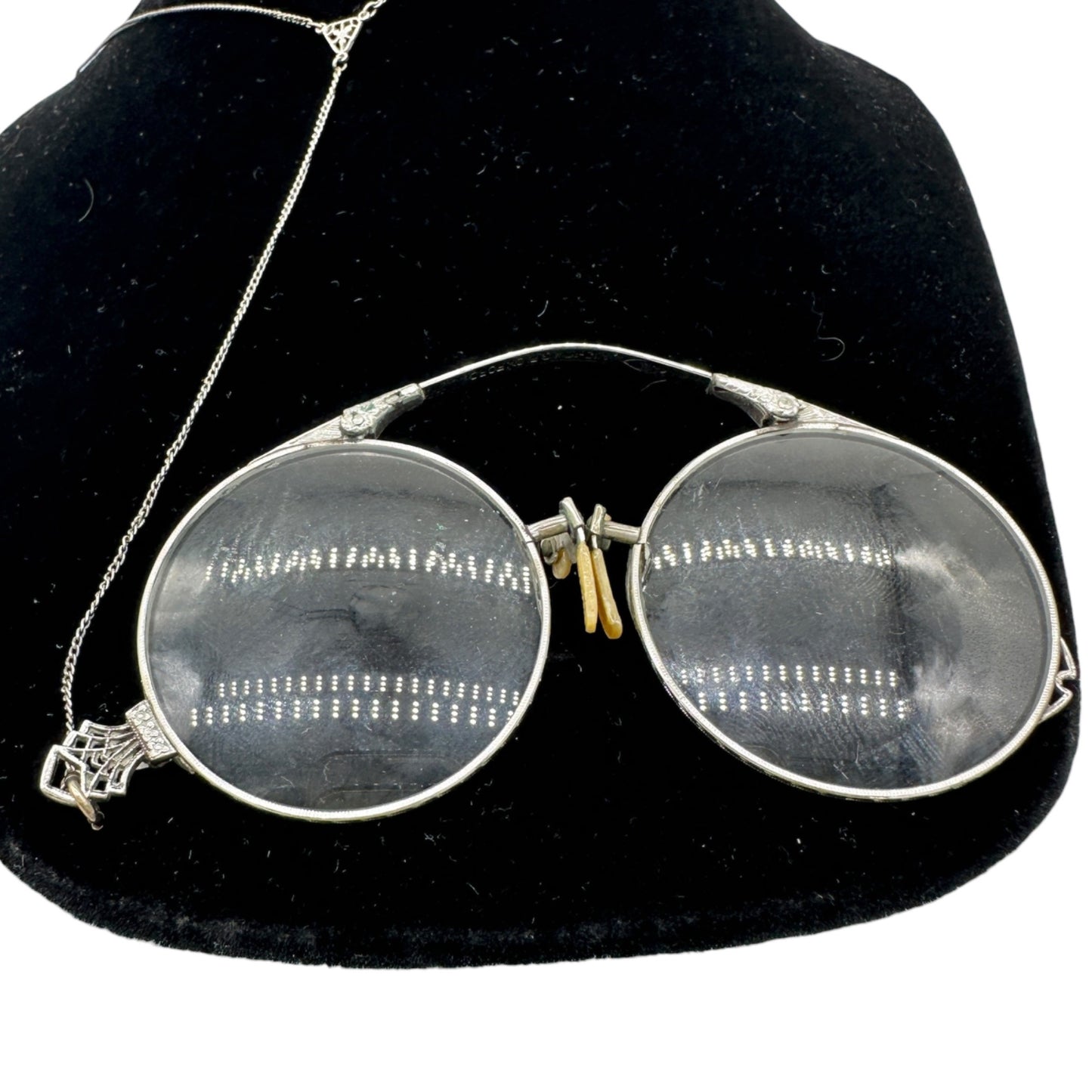 Vintage Folding Reading Glasses on 24 Inch Chain In Original Brown Leather Case