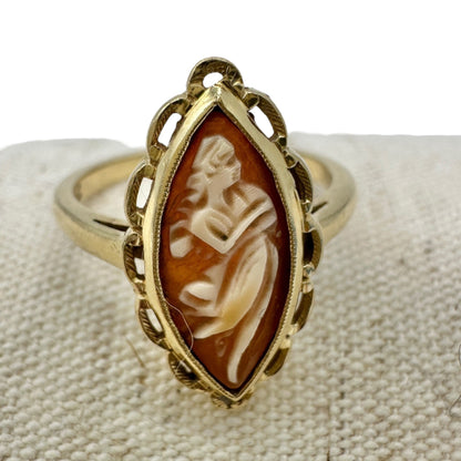 Vintage 10K Gold Marquise Cameo Ring Size 6.25 Featuring Carved Womans Profile