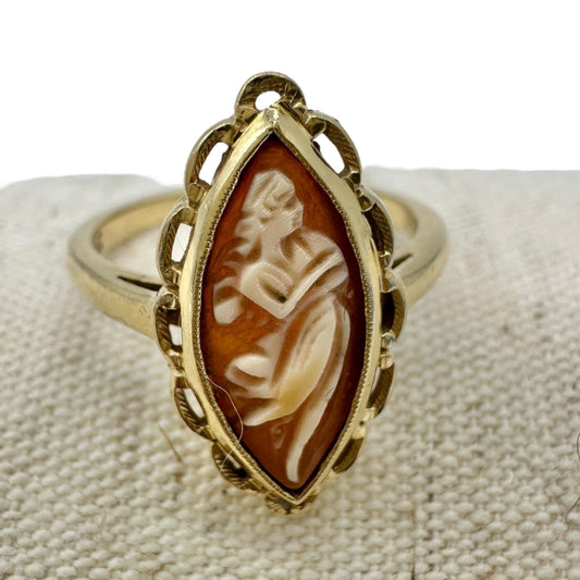 Vintage 10K Gold Marquise Cameo Ring Size 6.25 Featuring Carved Womans Profile