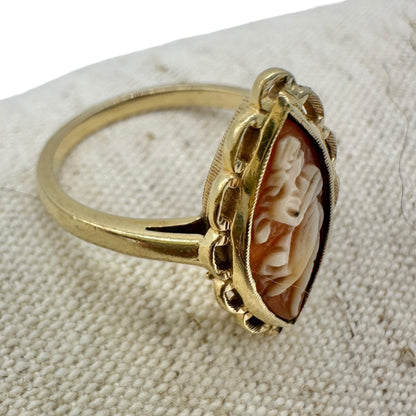 Vintage 10K Gold Marquise Cameo Ring Size 6.25 Featuring Carved Womans Profile