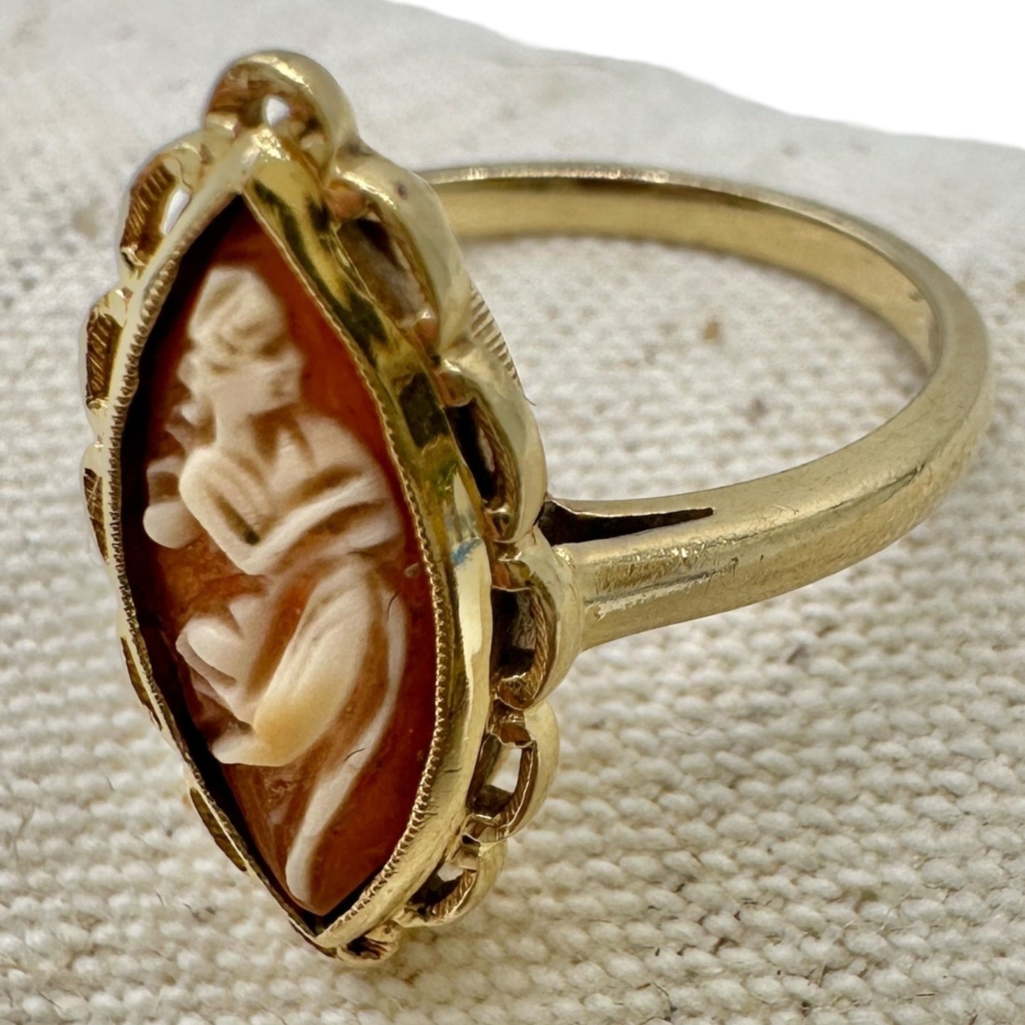 Vintage 10K Gold Marquise Cameo Ring Size 6.25 Featuring Carved Womans Profile