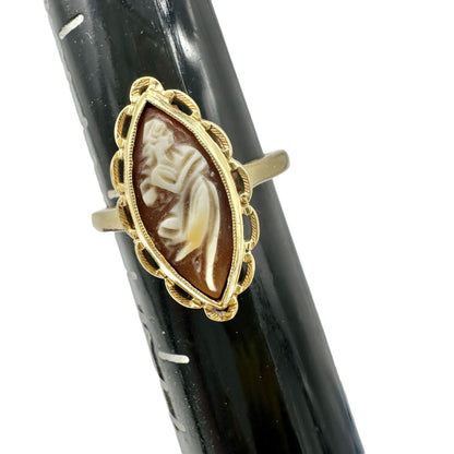 Vintage 10K Gold Marquise Cameo Ring Size 6.25 Featuring Carved Womans Profile