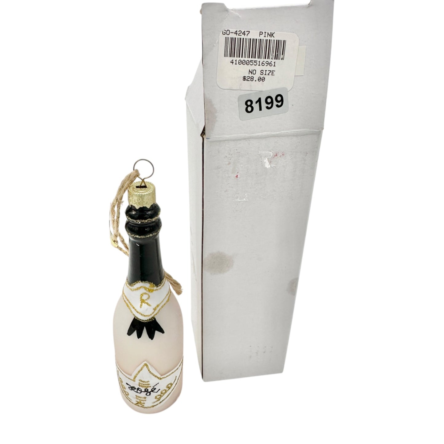 Rosé Champagne Bottle Glass Ornament With Gold Glitter Accent in Original Box