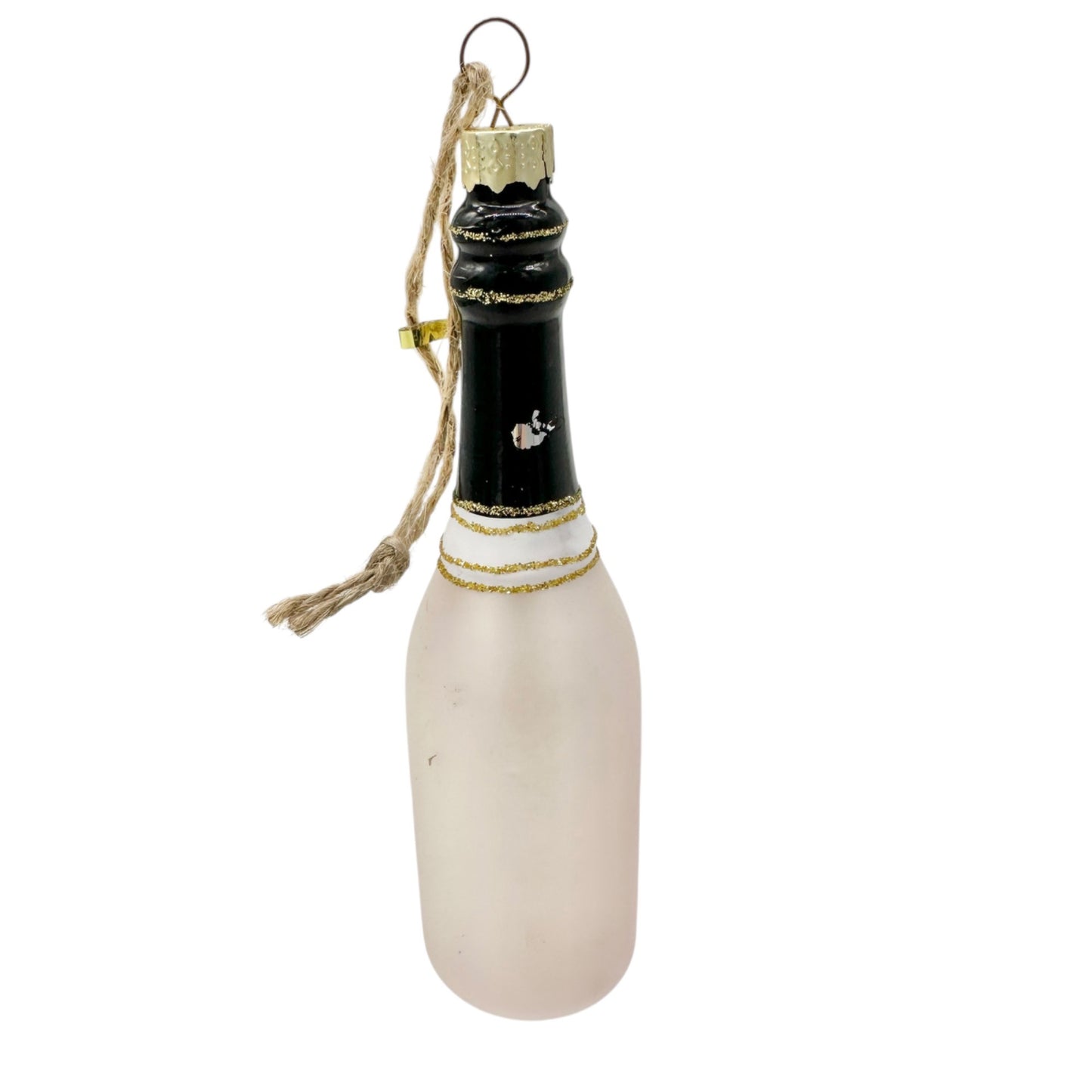 Rosé Champagne Bottle Glass Ornament With Gold Glitter Accent in Original Box