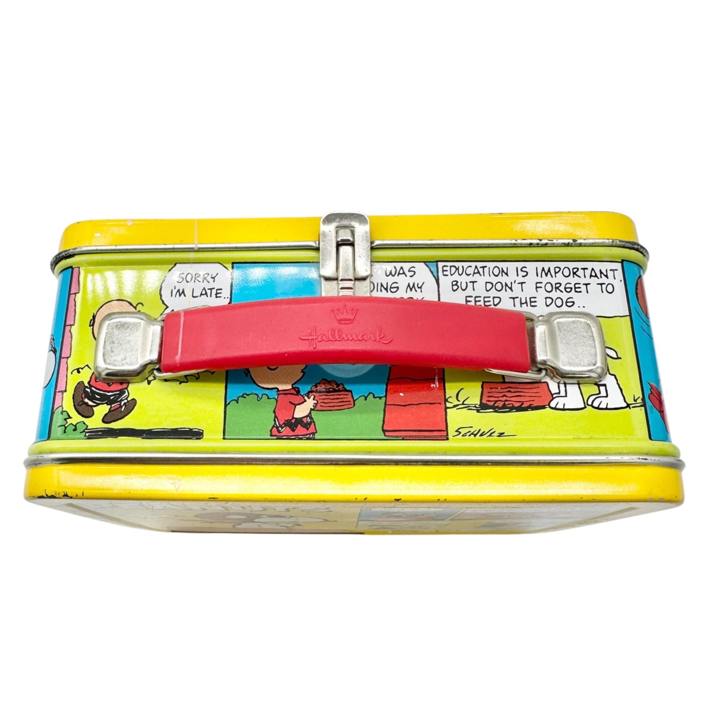 Vintage Hallmark Peanuts Metal Lunch Box Charlie Brown Snoopy Yellow 6"x5"x3"