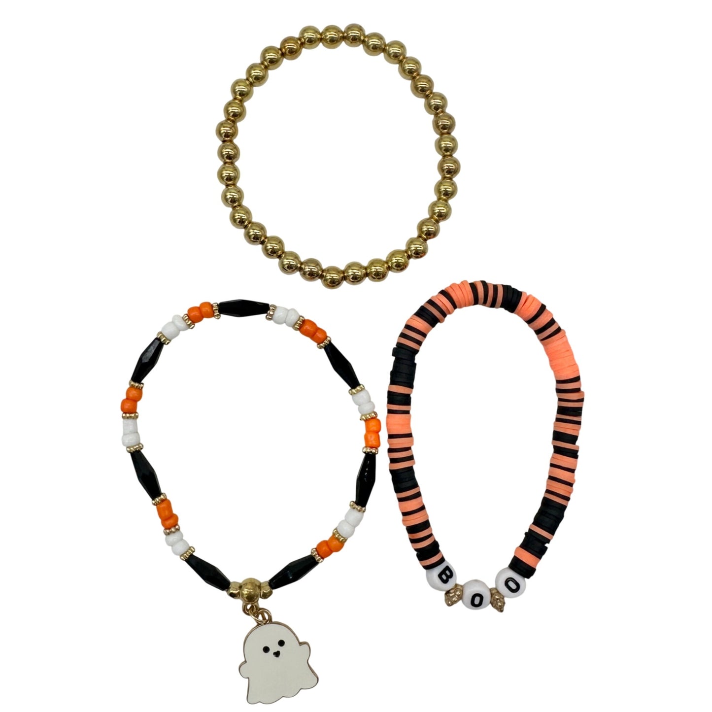 Halloween White Ghost Beaded Stretch Bracelet Trio Orange Black White Gold
