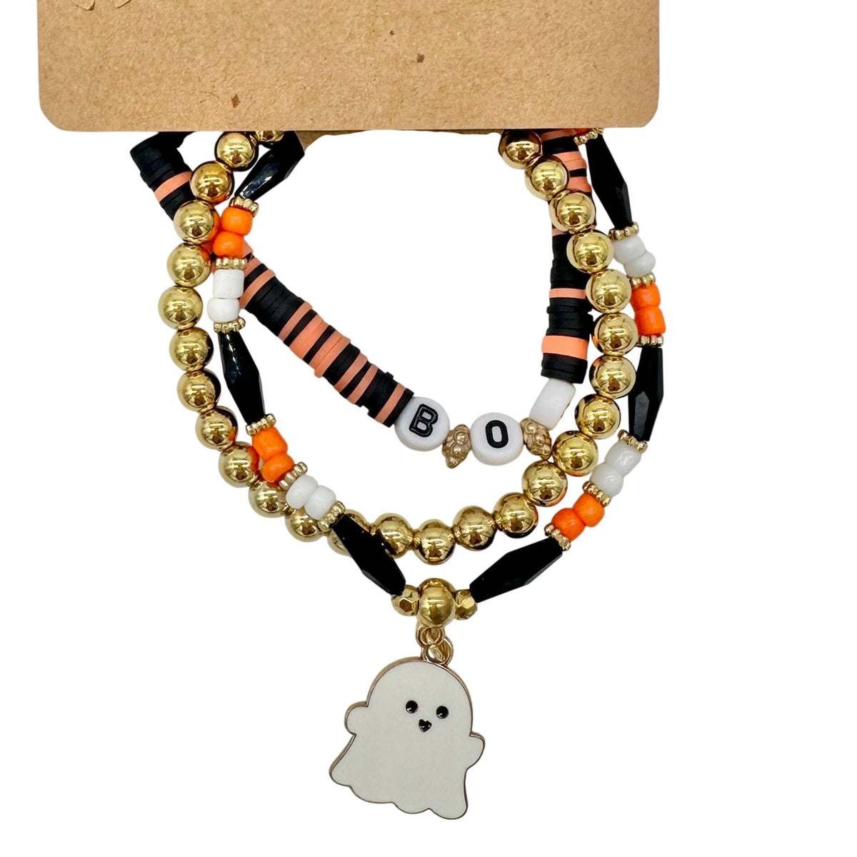 Halloween White Ghost Beaded Stretch Bracelet Trio Orange Black White Gold