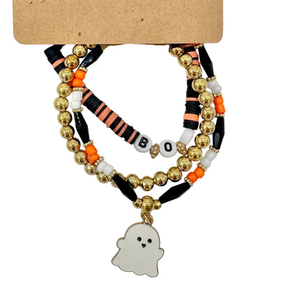 Halloween White Ghost Beaded Stretch Bracelet Trio Orange Black White Gold