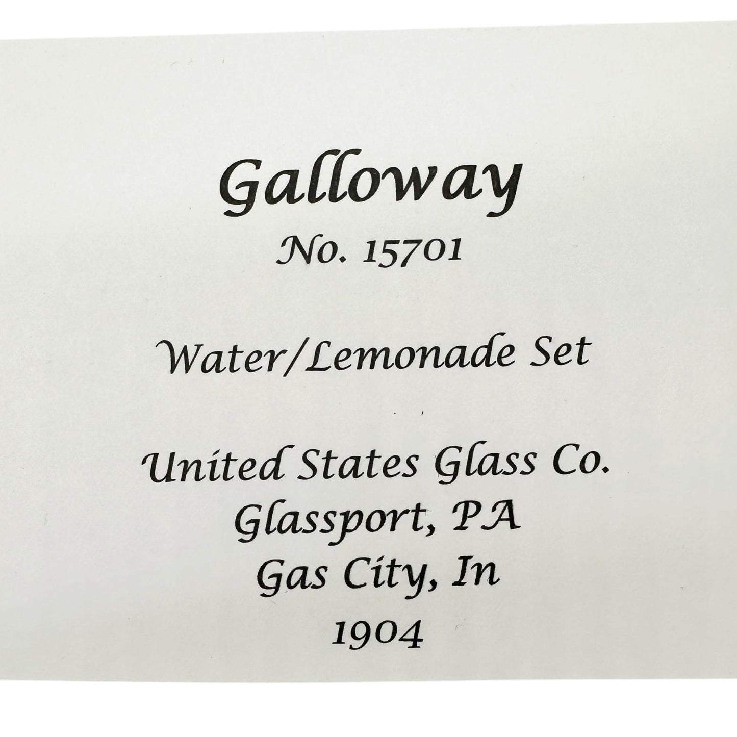 Galloway 7pc Childrens Lemonade Set 15701 Pitcher and 6 Glasses US Glass Co 1904