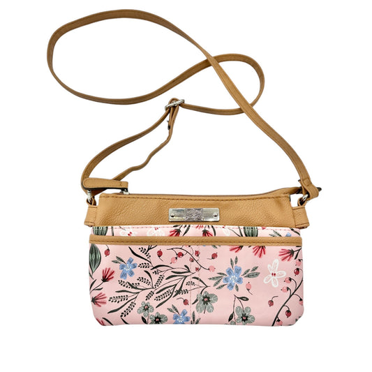 Womens Crossbody Handbag Purse Tan Pink Floral Adjustable Strap Multiple Pockets