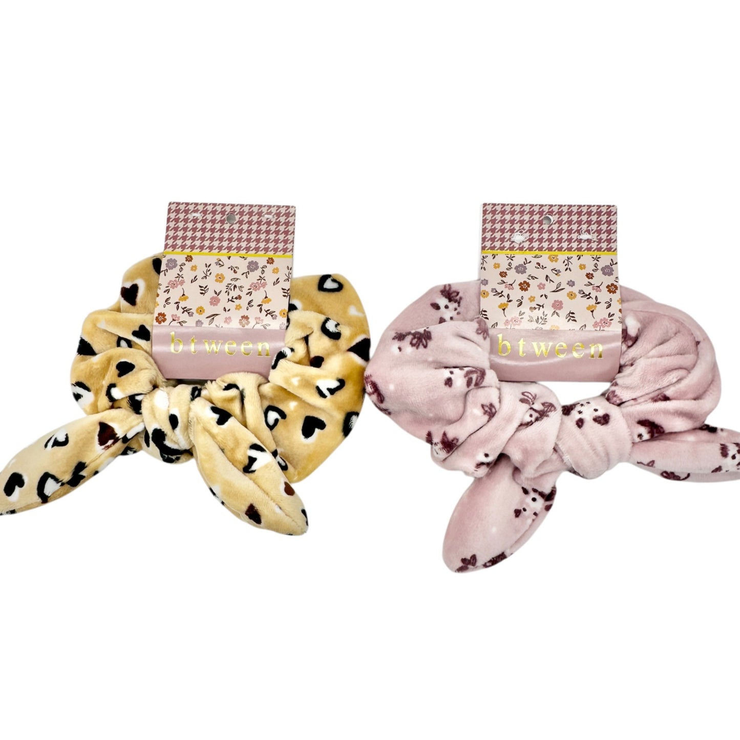 Btween Set of 2 Plush Bunny Ear Scrunchies Tan with Hearts Pink with Dogs