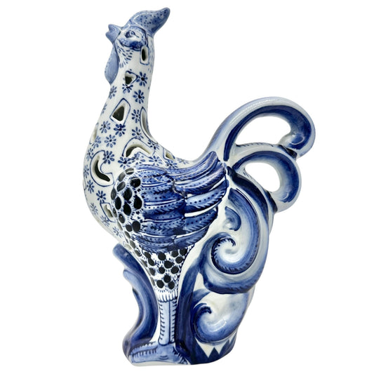 Decorative Blue and White Ceramic Rooster Figurine 10 x 6.5 Farmhouse Kitchen