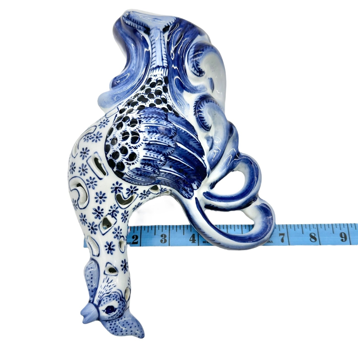 Decorative Blue and White Ceramic Rooster Figurine 10 x 6.5 Farmhouse Kitchen