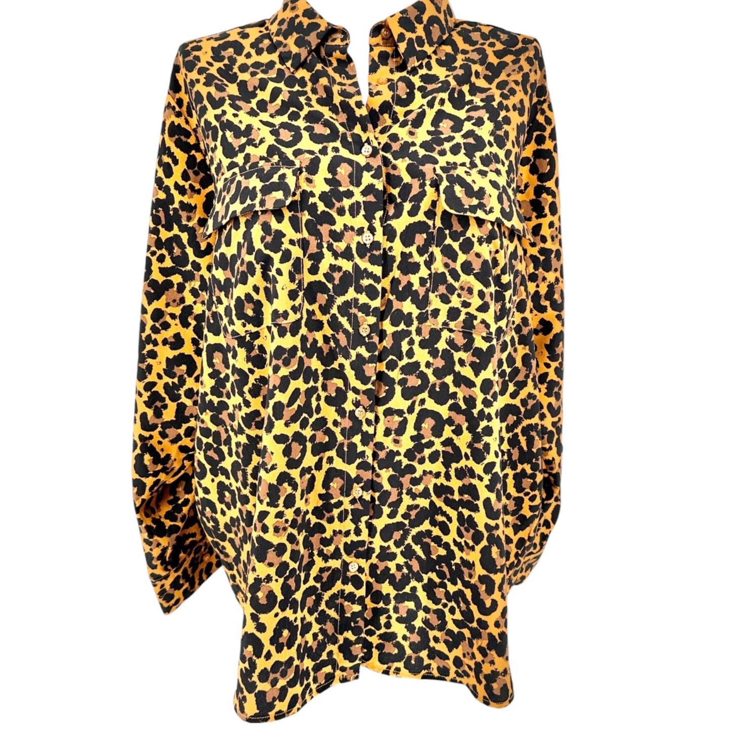 Madison Curvy Button Up Tunic Shirt Womens 2X Leopard Print Black Yellow LS Poly