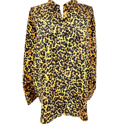 Madison Curvy Button Up Tunic Shirt Womens 2X Leopard Print Black Yellow LS Poly