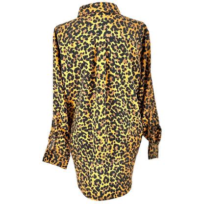 Madison Curvy Button Up Tunic Shirt Womens 2X Leopard Print Black Yellow LS Poly
