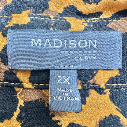 Madison Curvy Button Up Tunic Shirt Womens 2X Leopard Print Black Yellow LS Poly