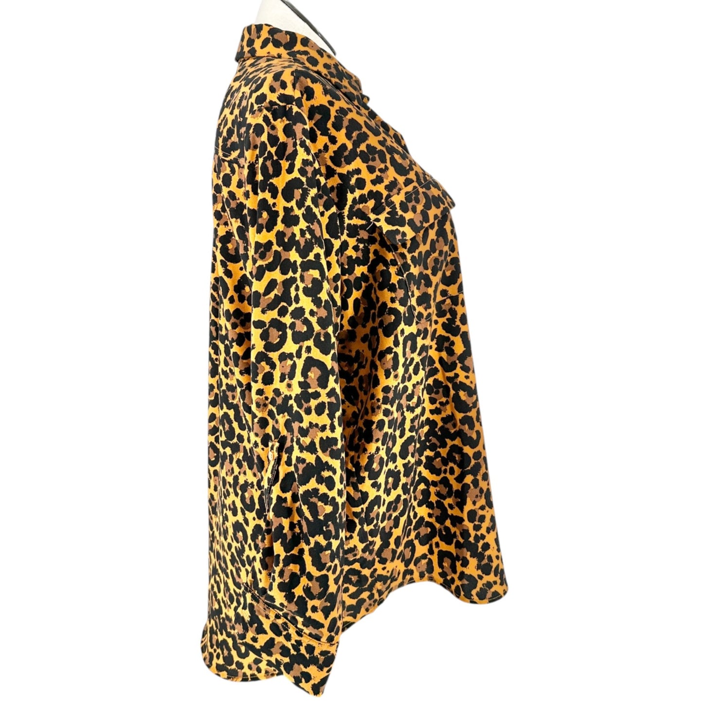 Madison Curvy Button Up Tunic Shirt Womens 2X Leopard Print Black Yellow LS Poly