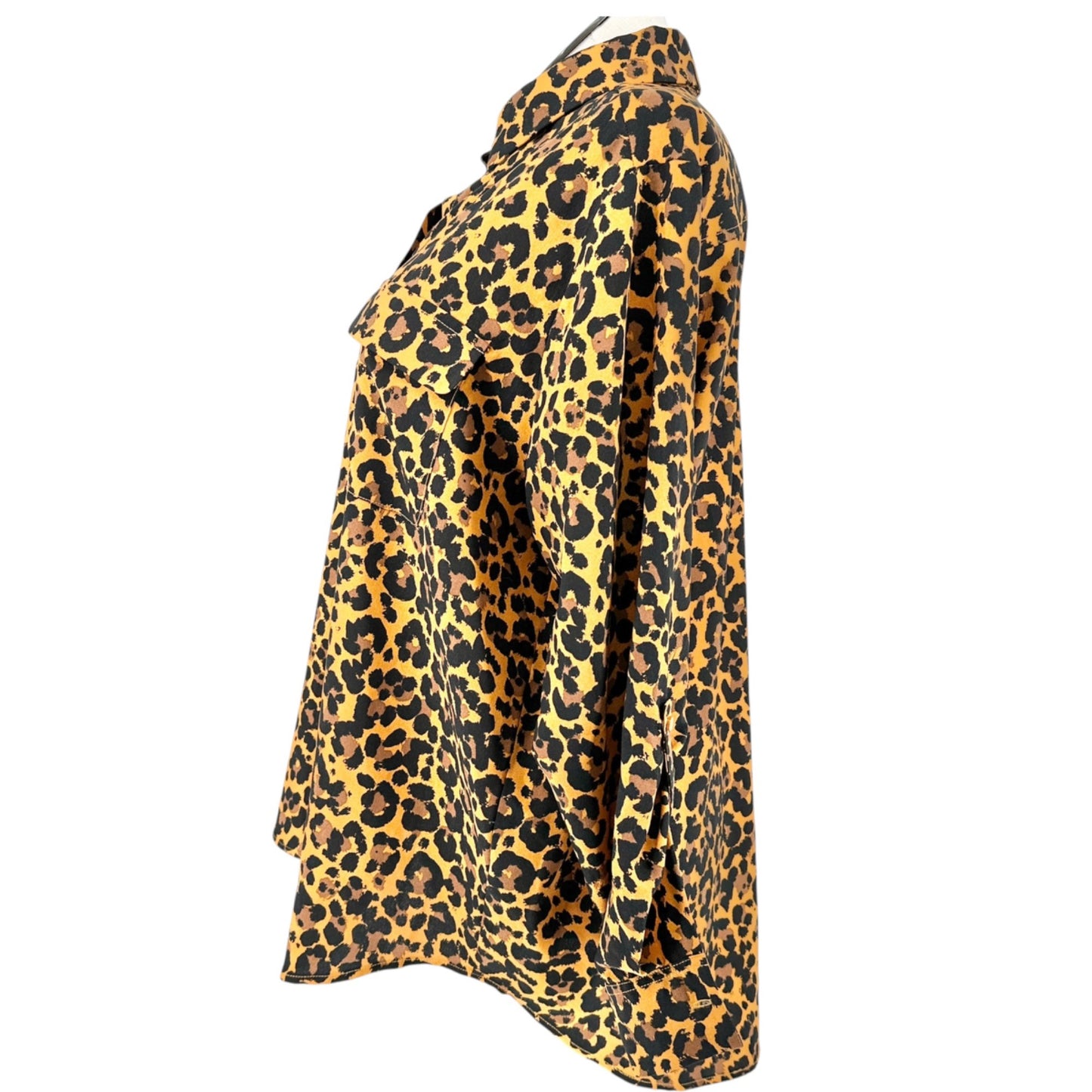 Madison Curvy Button Up Tunic Shirt Womens 2X Leopard Print Black Yellow LS Poly