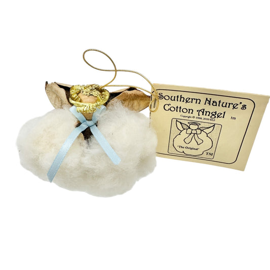 Southern Natures Cotton Angel Ornament Handcrafted w Blue Ribbon Christmas