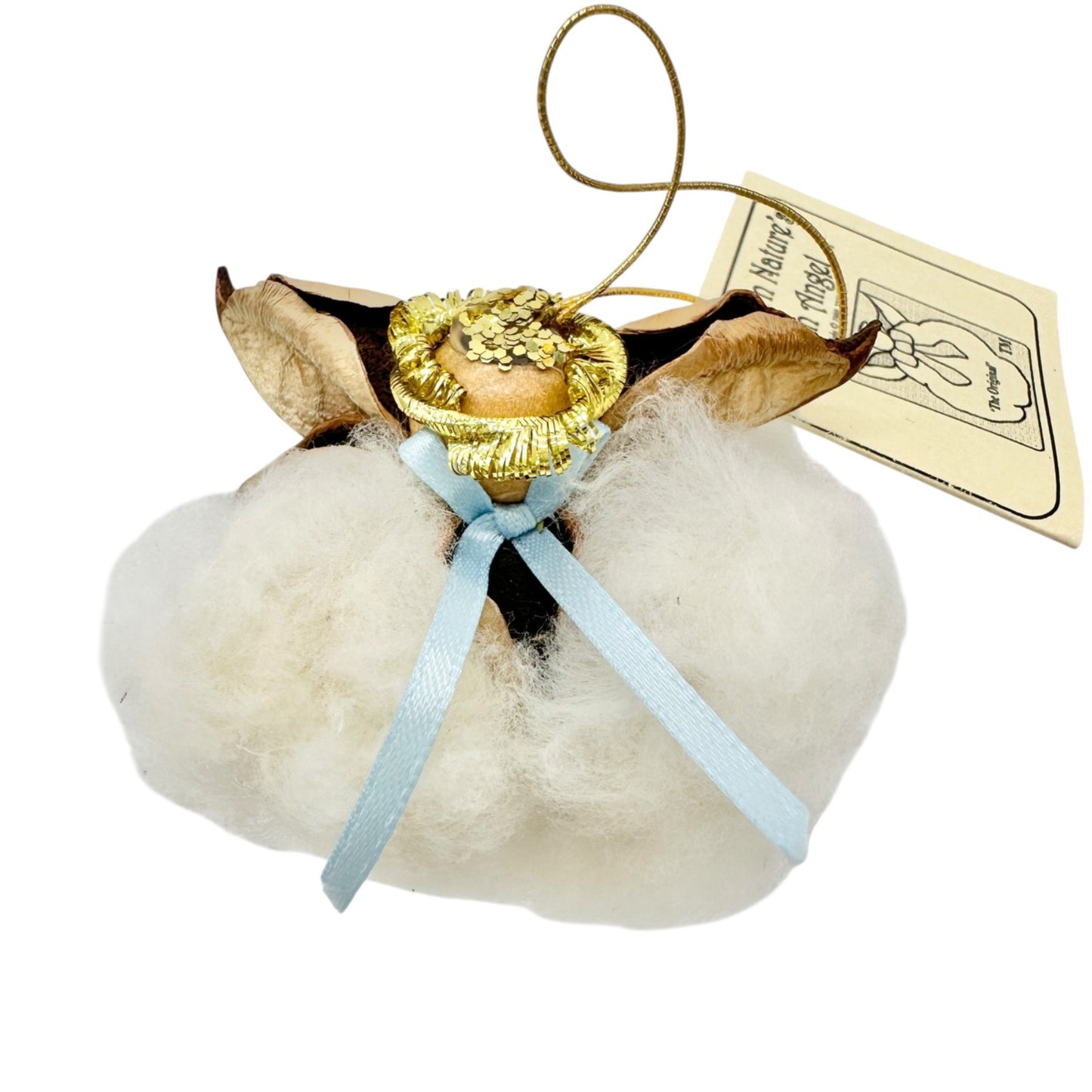 Southern Natures Cotton Angel Ornament Handcrafted w Blue Ribbon Christmas