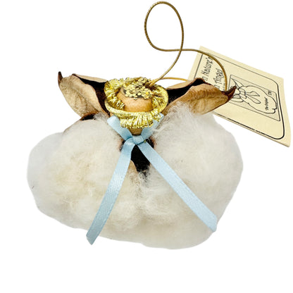 Southern Natures Cotton Angel Ornament Handcrafted w Blue Ribbon Christmas