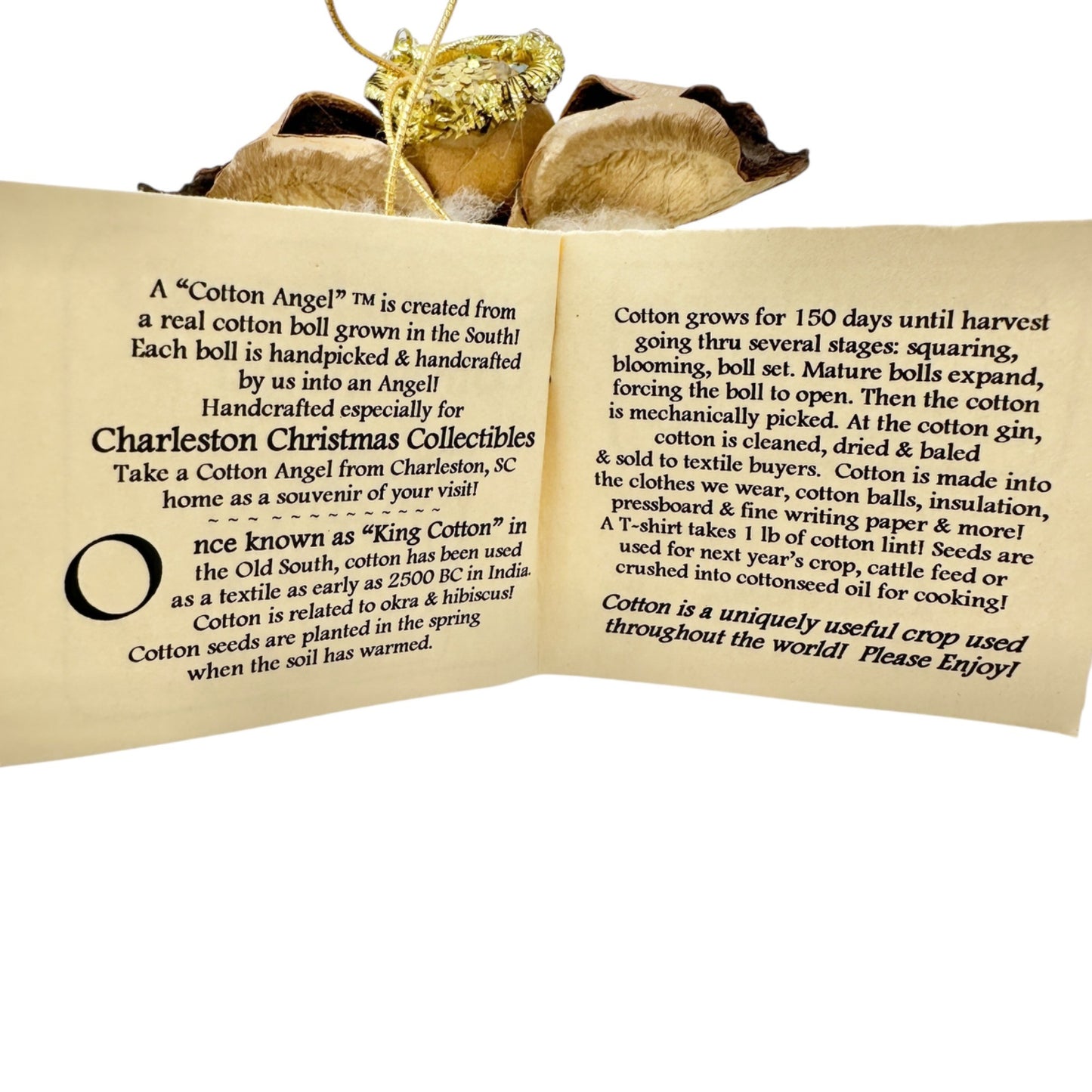 Southern Natures Cotton Angel Ornament Handcrafted w Blue Ribbon Christmas