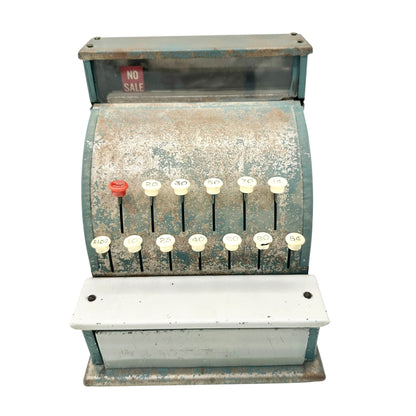 Vintage Toy Cash Register With Functional Buttons and Play Money Drawer Blue Metal