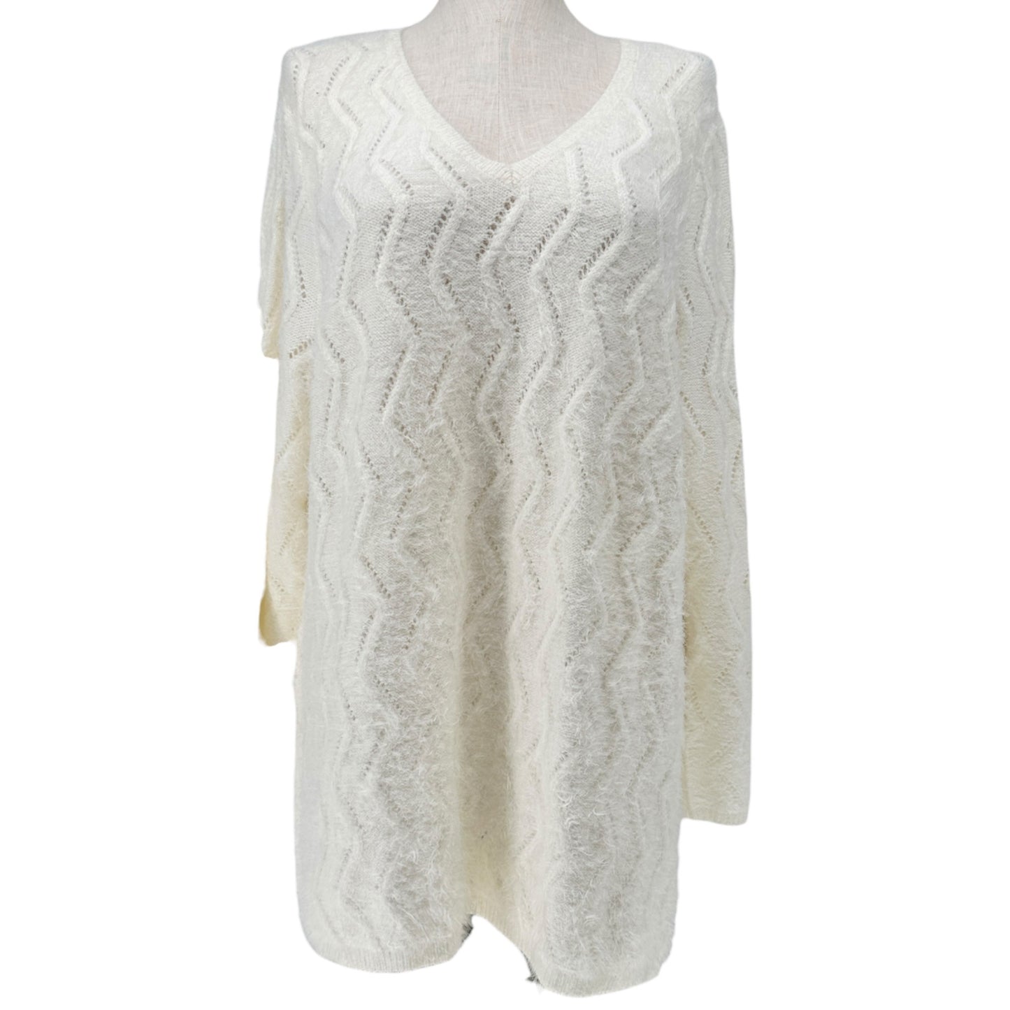 Ellos Tunic Sweater Womens 1X 22-24 Cream Chevron Knit Lightweight LS V Neck