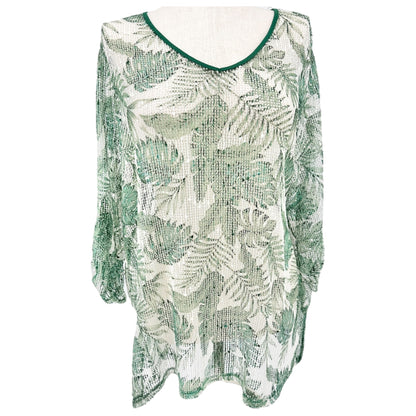 Green & White Sheer Leaf Pattern Tunic Swim Coverup 2X Polyester Women Plus Size