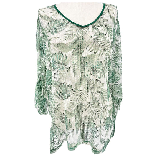 Green & White Sheer Leaf Pattern Tunic Swim Coverup 2X Polyester Women Plus Size