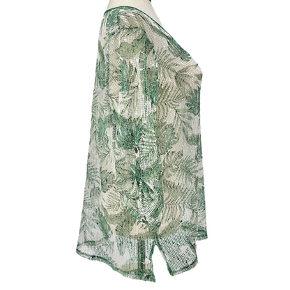 Green & White Sheer Leaf Pattern Tunic Swim Coverup 2X Polyester Women Plus Size