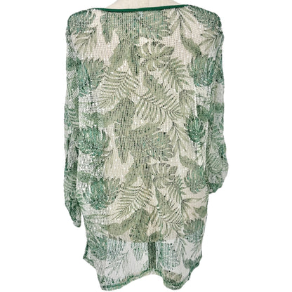 Green & White Sheer Leaf Pattern Tunic Swim Coverup 2X Polyester Women Plus Size