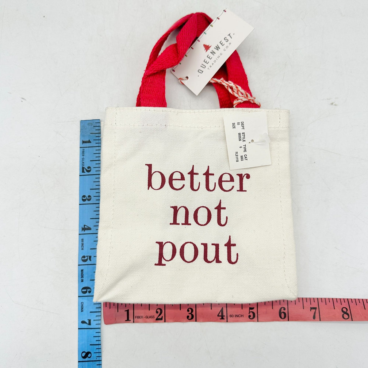 Queenwest Trading Co Canvas Gift Bag 6 inch White Red Better Not Pout NWT