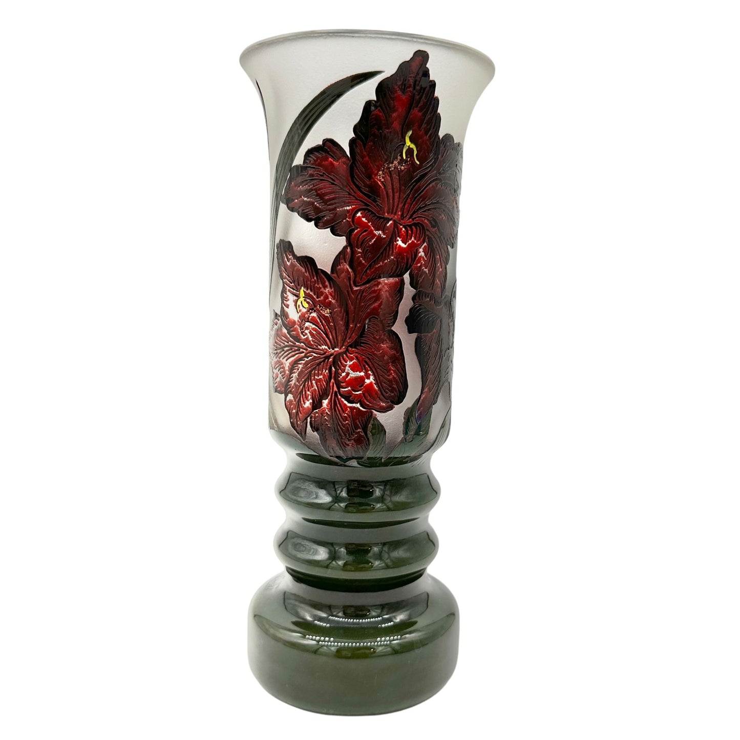 Handcrafted Ramski Glass Vase With Red Floral Design & Green Base