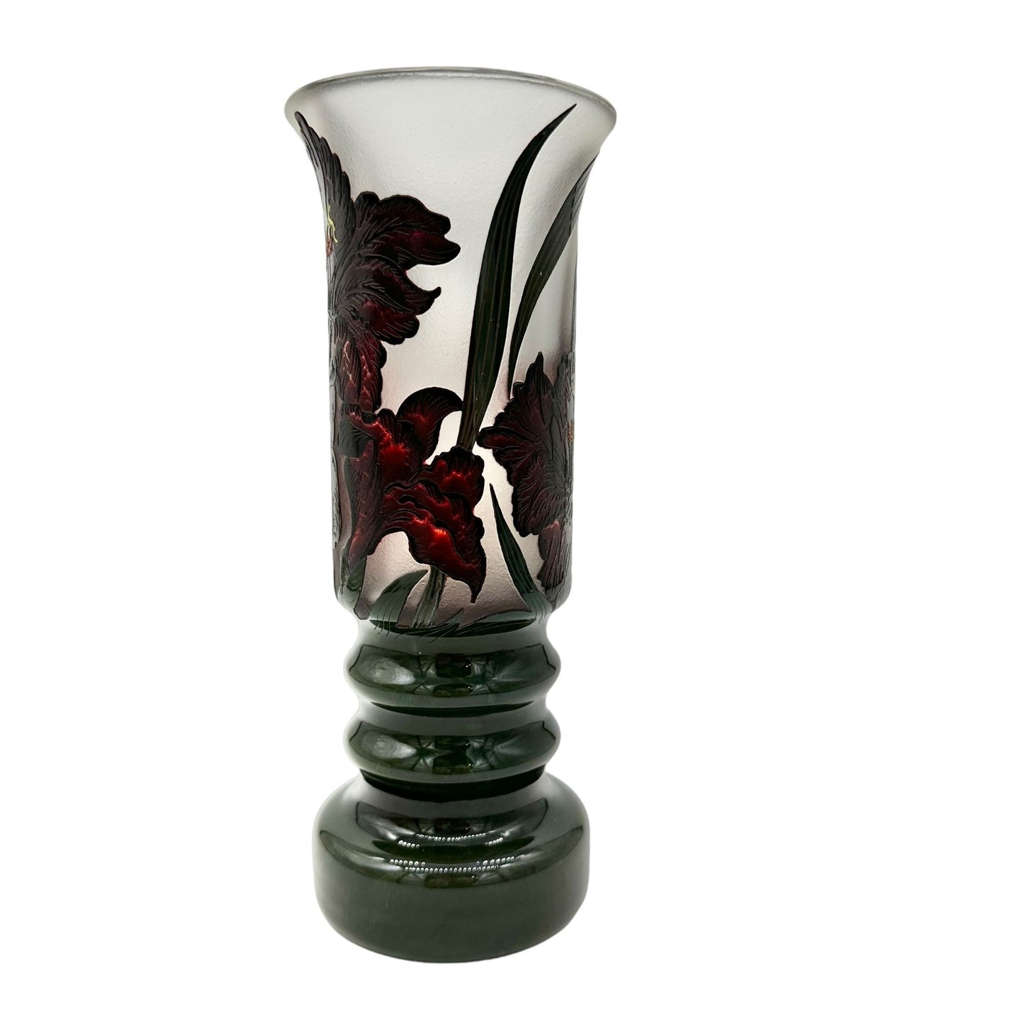 Handcrafted Ramski Glass Vase With Red Floral Design & Green Base