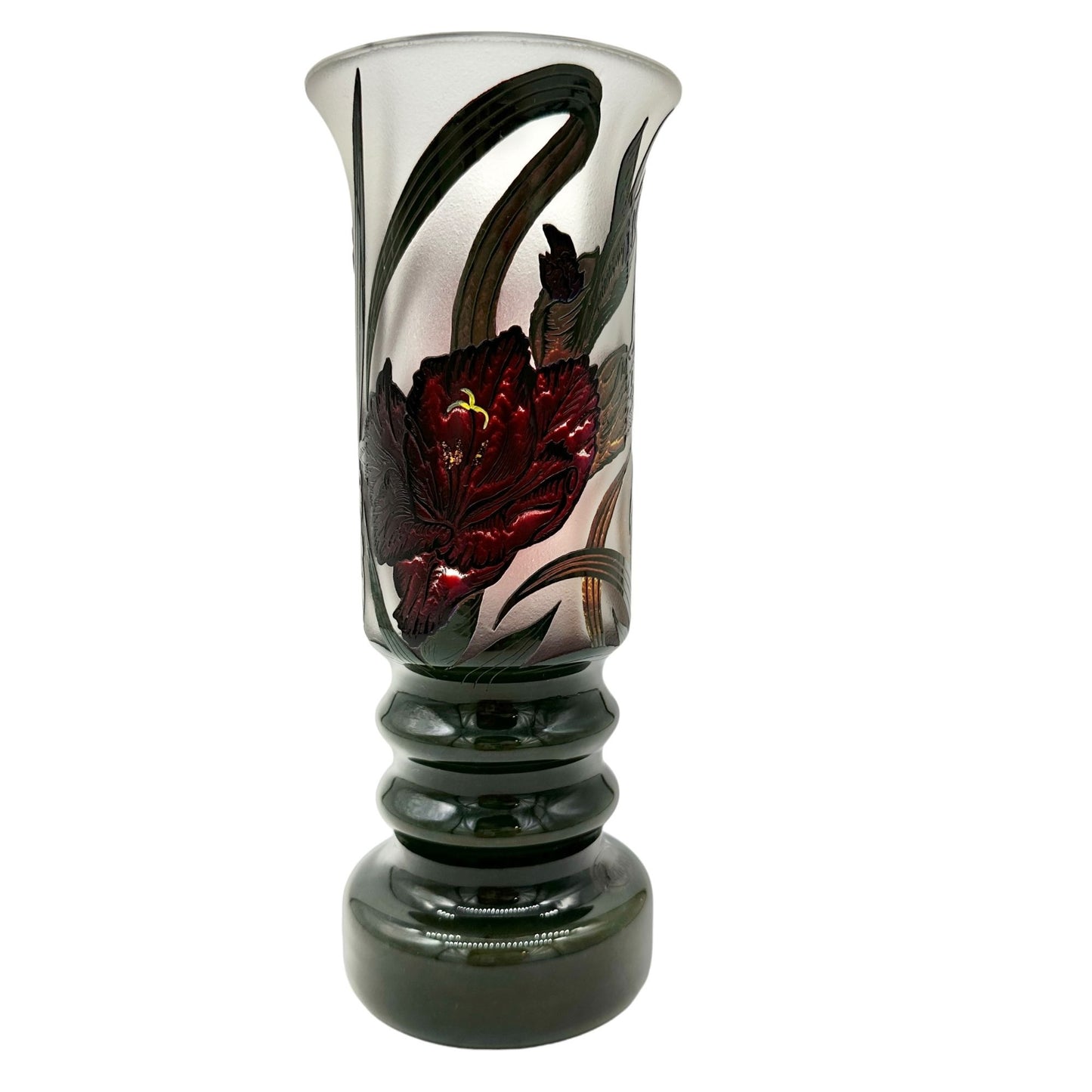 Handcrafted Ramski Glass Vase With Red Floral Design & Green Base