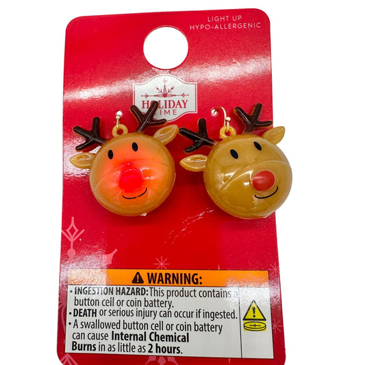 Holiday Time Earrings Pierced Light Up Rudolph 1.5 inch drop Brown NIP