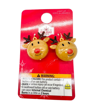 Holiday Time Earrings Pierced Light Up Rudolph 1.5 inch drop Brown NIP