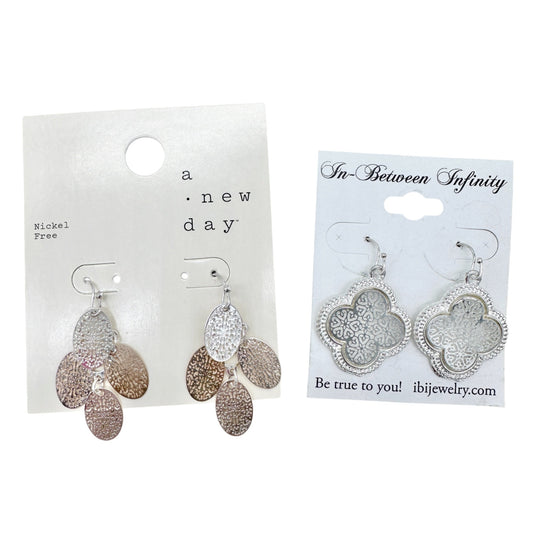 Set of 2 Pairs of Dangle Hook Earrings Silver Tone Filigree Textured Oval Clover