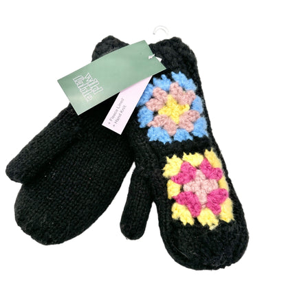 Wild Fable Knit Fleece-Lined Mittens Black Colorful Crochet Design One Size